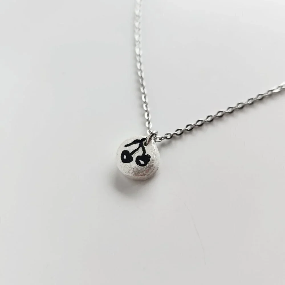 Dainty mini black cherry necklace with a small silver chain - Picture 7 of 14